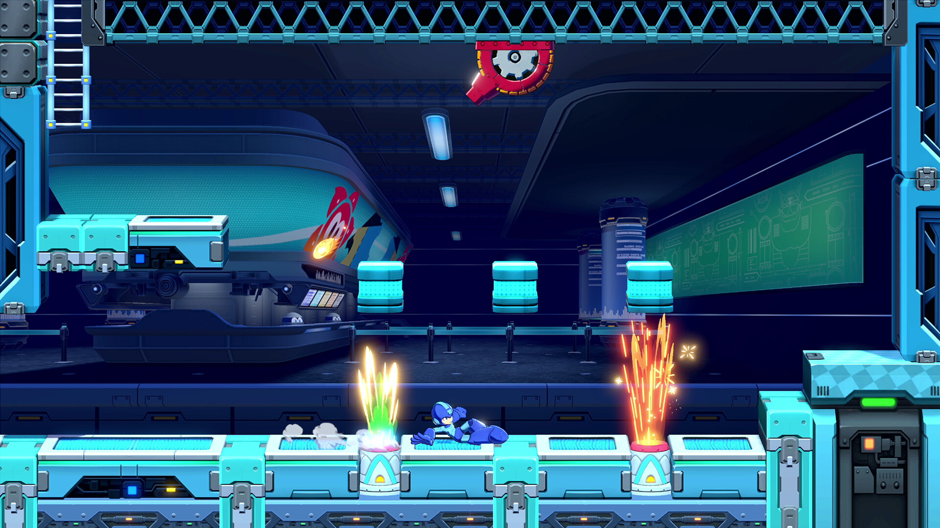Mega Man: Dual Override screenshot: a neon industrial interior with enemies and fire.