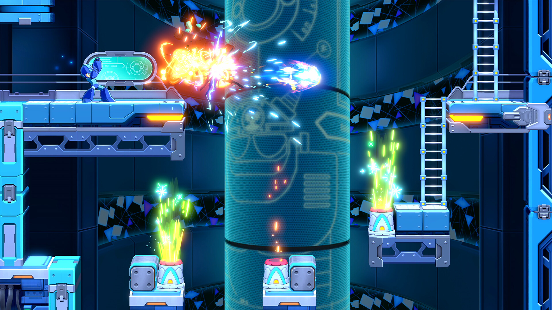Mega Man: Dual Override screenshot: Mega Man firing in a vertical tech shaft.