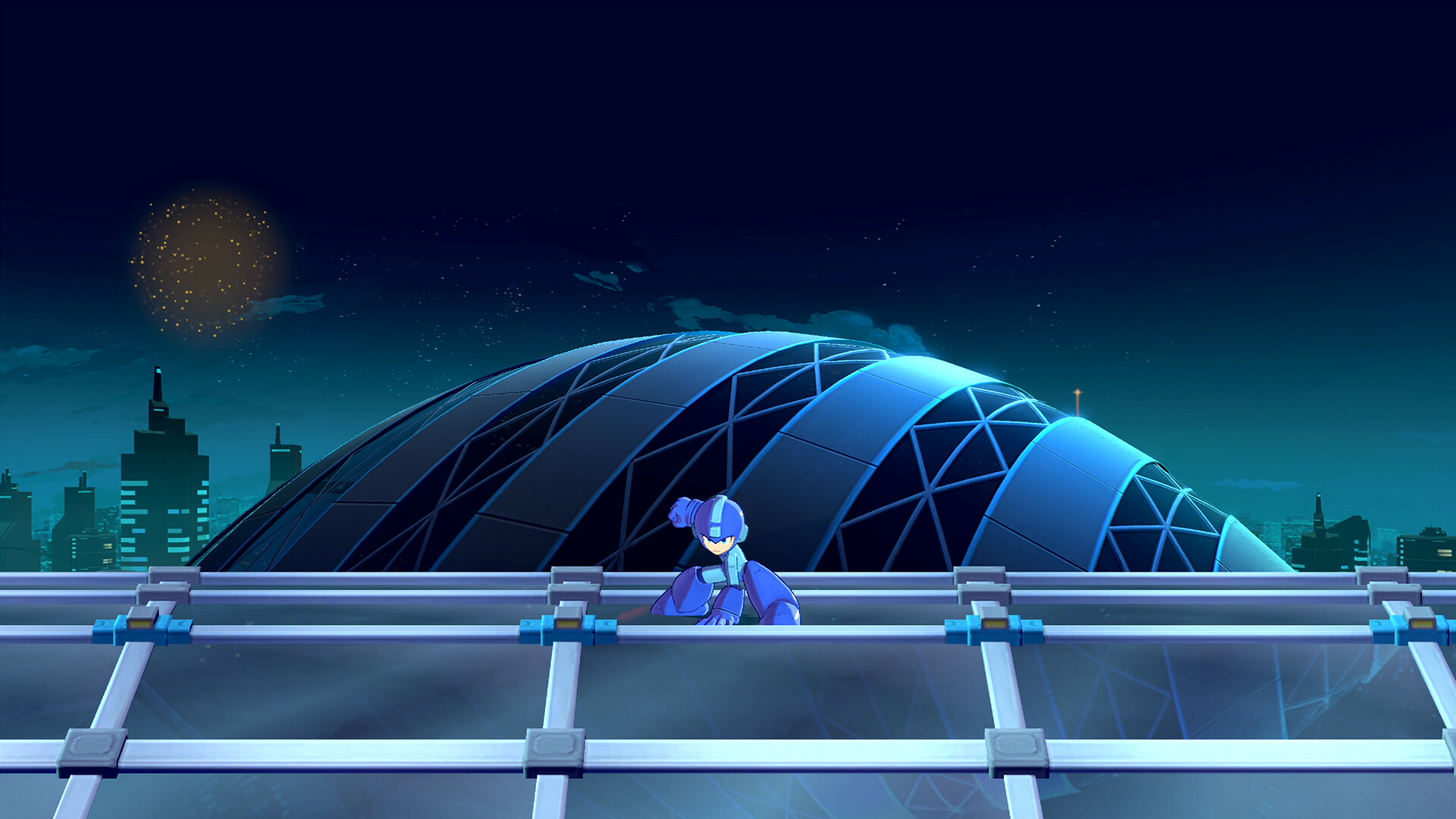 Mega Man: Dual Override screenshot: Mega Man standing before a large glass dome at night.