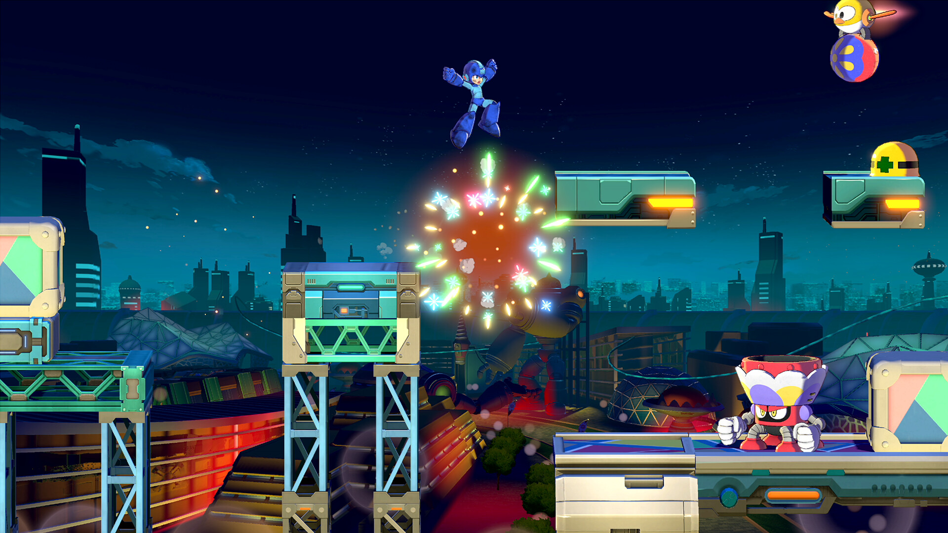 Mega Man: Dual Override screenshot: a night stage with fireworks and a robot enemy.
